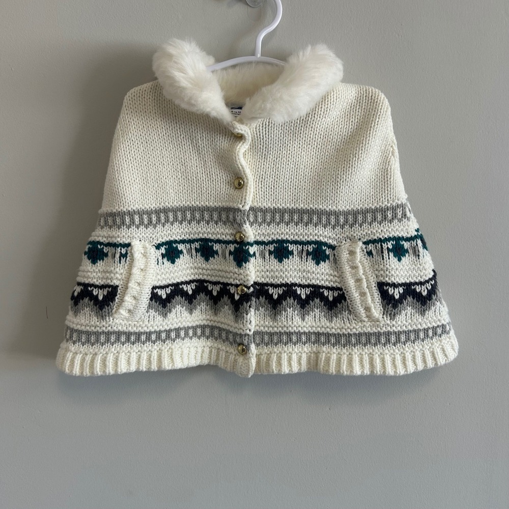 Janie and Jack Cream Fair Isle Knit‎ Fur Collar Cape Poncho  Baby 6-12 Months